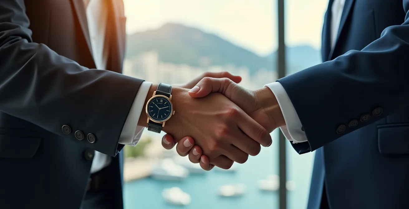 Poignée de main entre deux personnes en costume dans un bureau luxueux