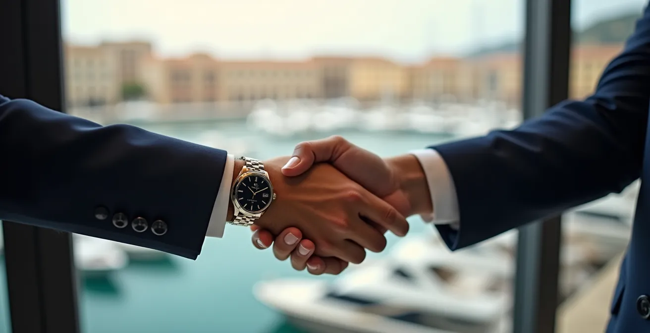 Poignée de main professionnelle dans un bureau avec vue sur le port de Monaco