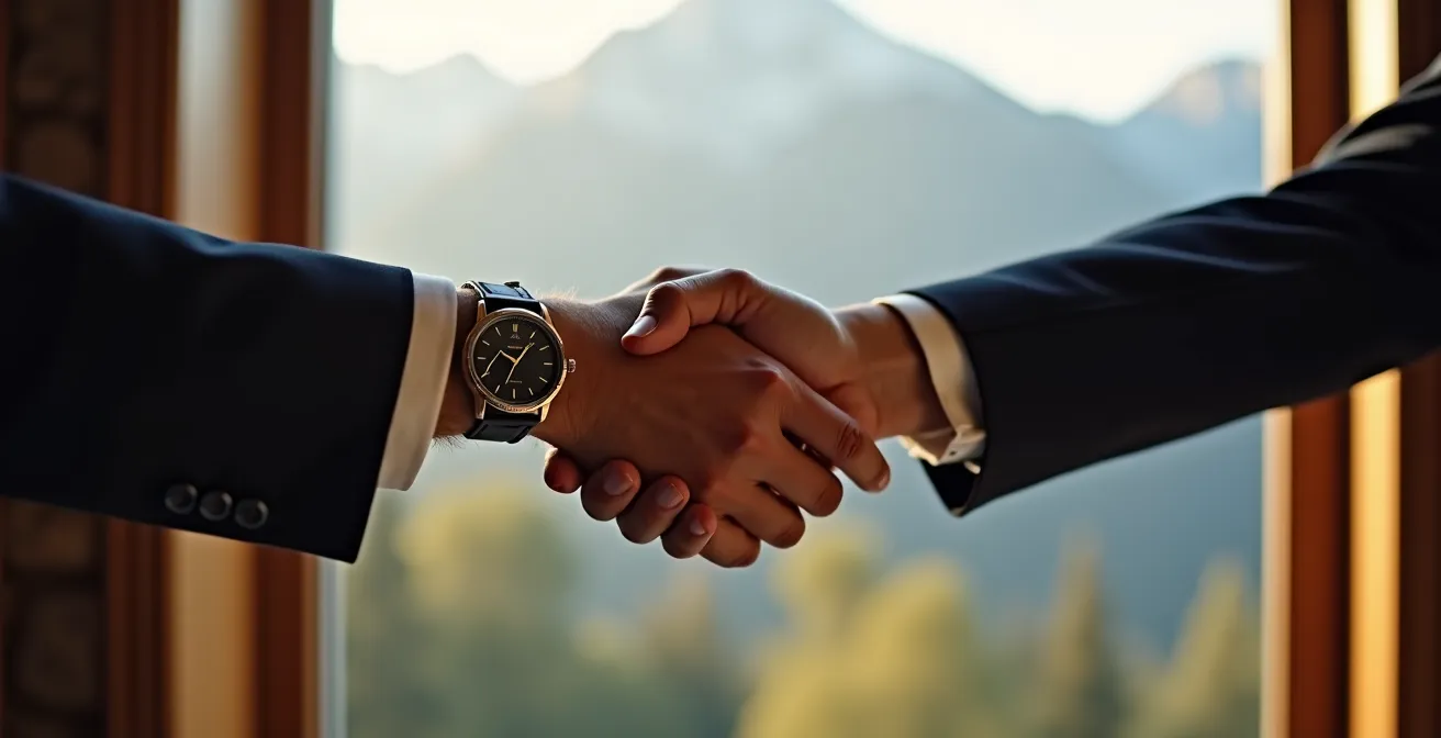 Poignée de main entre professionnels avec montagnes en arrière-plan