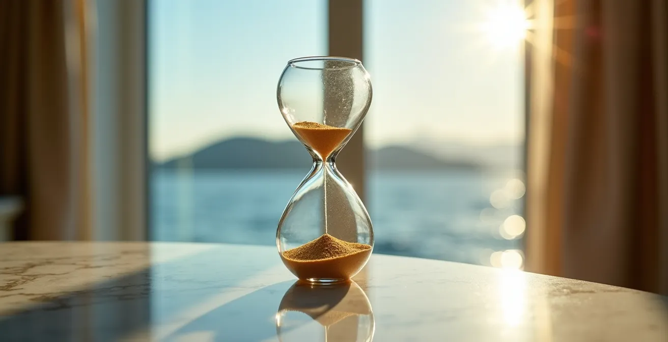 Sablier en cristal avec sable doré sur bureau en marbre