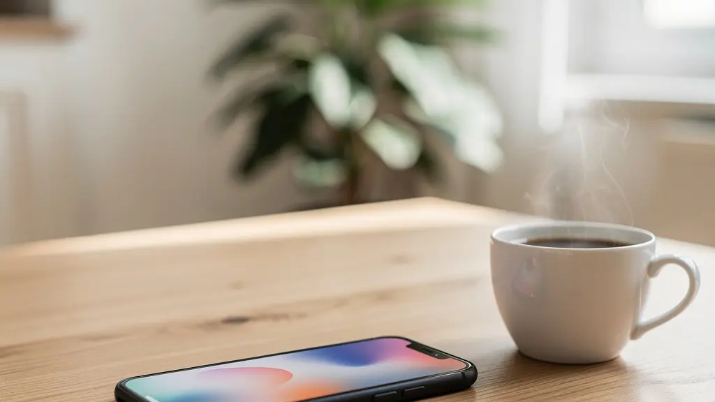 Smartphone affichant simulation de prêt immobilier avec café ambiance matinale