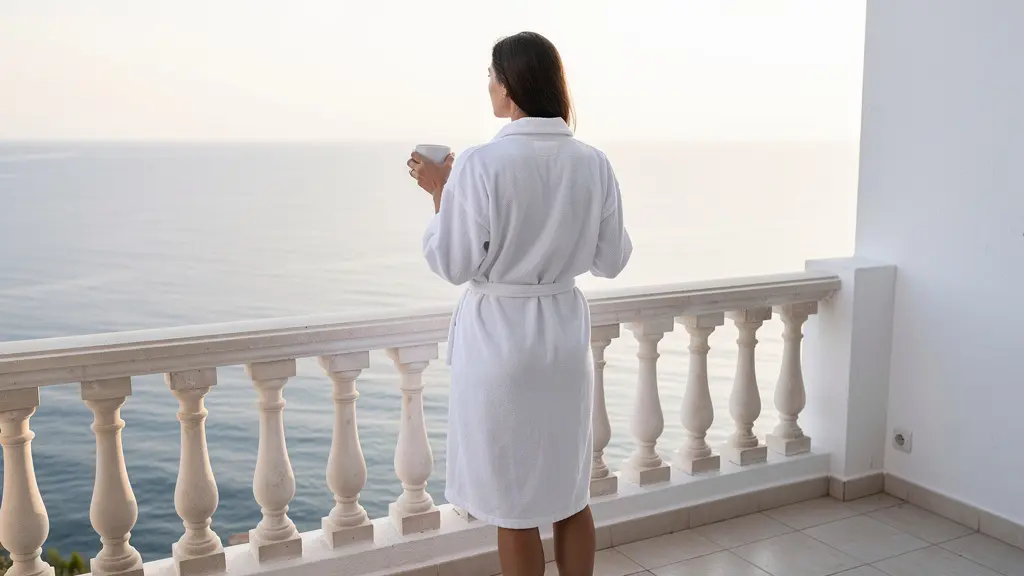 Curiste en peignoir contemplant l'étang de Thau depuis son balcon location Balaruc