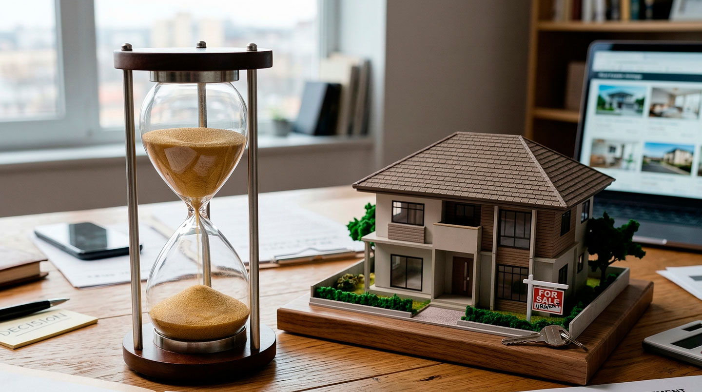 Vue aérienne d'une bifurcation au sol avec horloge renversée et sable d'un côté, documents froissés et stylo cassé de l'autre, clés de maison au centre