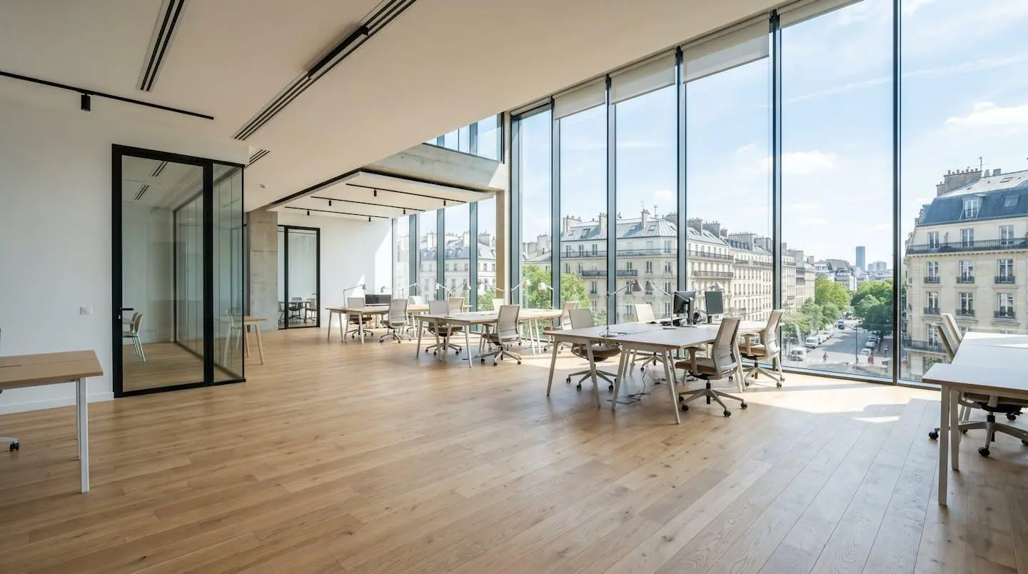 Espace de bureau contemporain vide avec grandes baies vitrées laissant entrer une lumière naturelle abondante, architecture française 2026