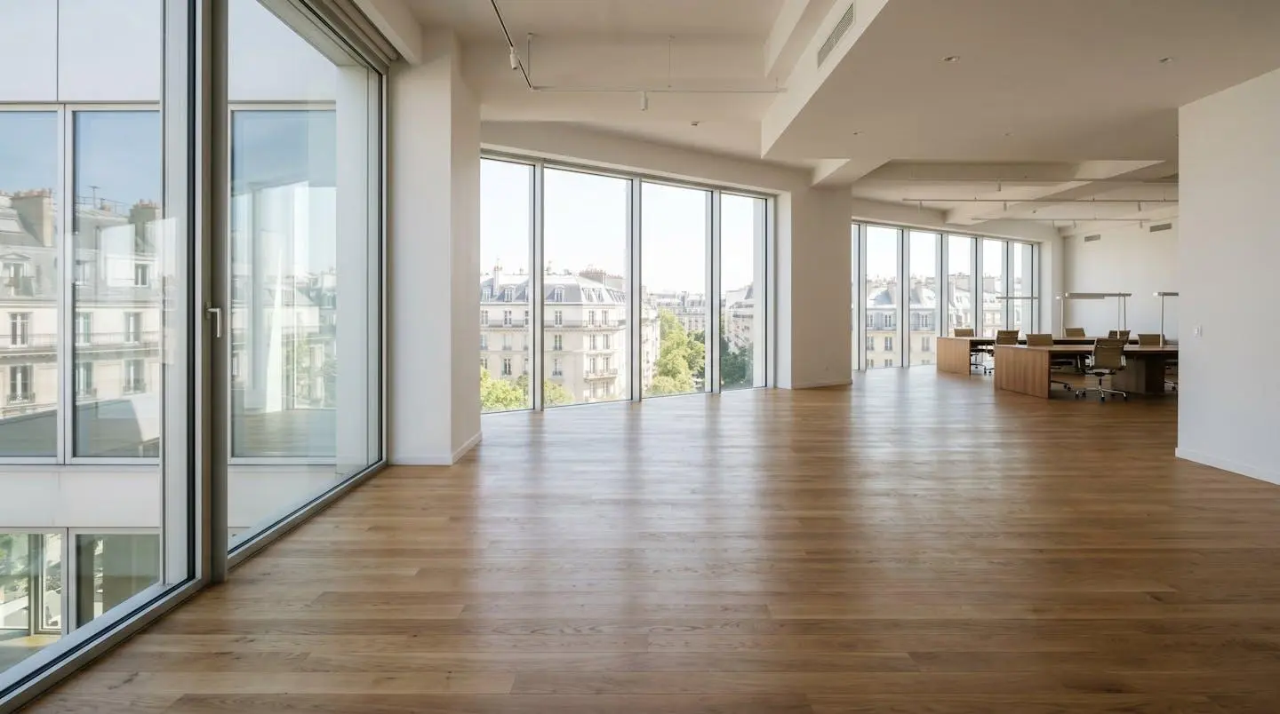 Espace de bureau contemporain vide avec grandes baies vitrées laissant entrer une lumière naturelle abondante, architecture française 2026