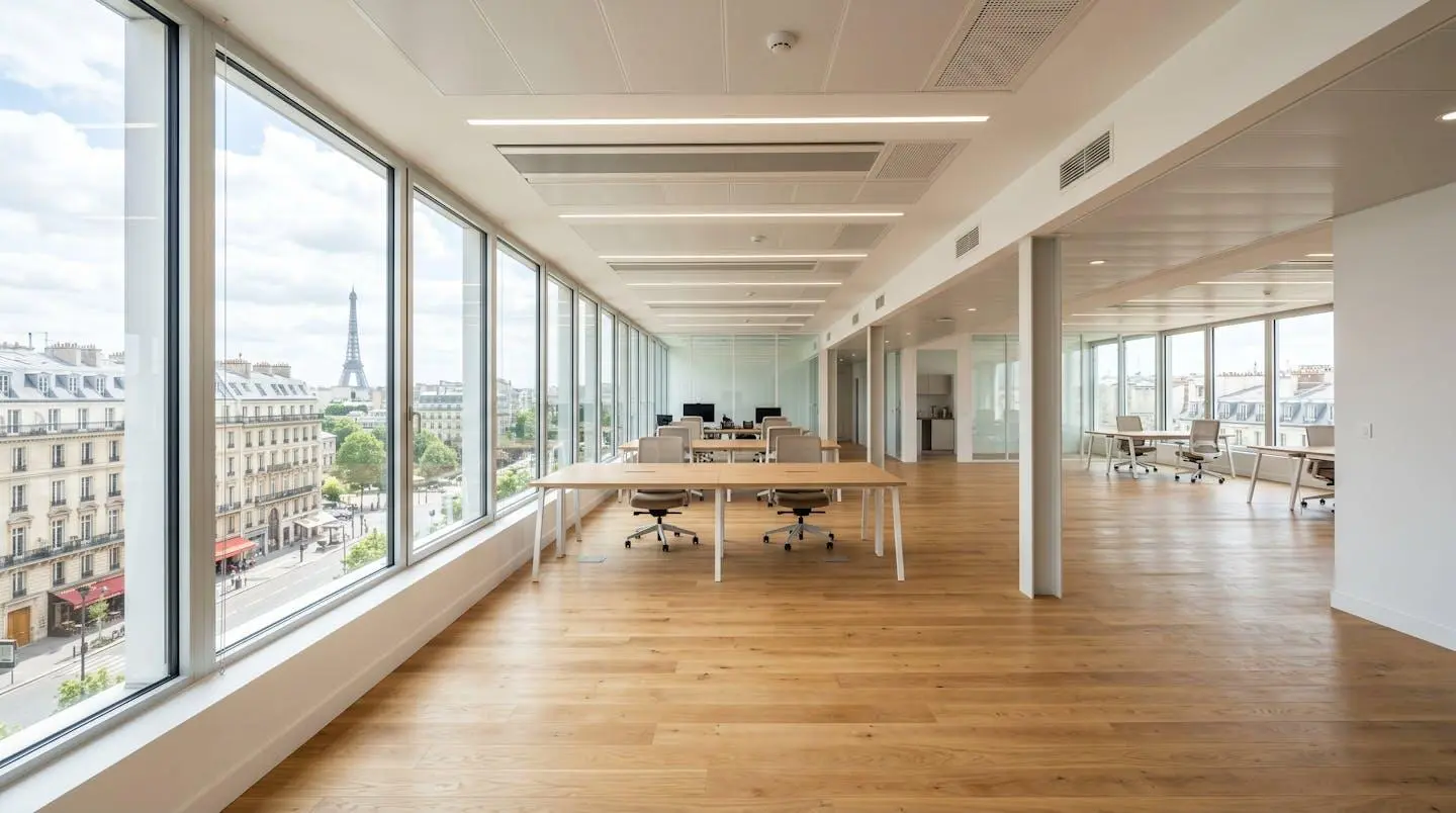Espace de bureau contemporain vide avec grandes baies vitrées laissant entrer une lumière naturelle abondante, architecture française 2026