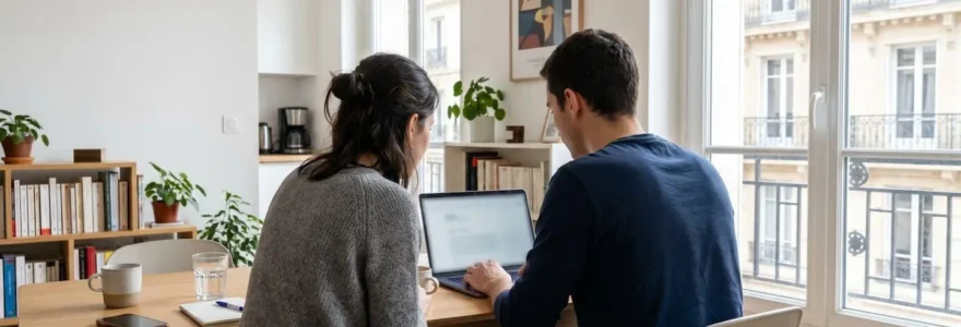 Un jeune couple vu de dos consulte ensemble un ordinateur portable dans un salon contemporain lumineux avec grandes fenêtres