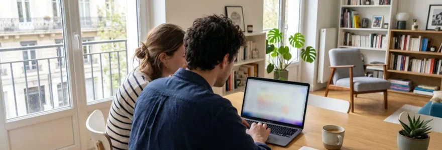 Un jeune couple vu de dos consulte ensemble un ordinateur portable dans un salon contemporain lumineux avec grandes fenêtres