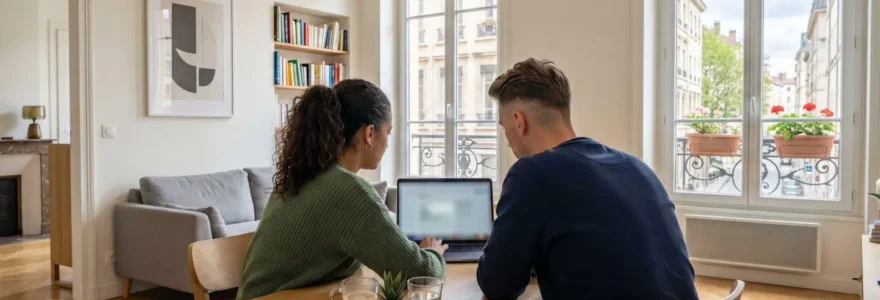 Un jeune couple vu de dos consulte ensemble un ordinateur portable dans un salon contemporain lumineux avec grandes fenêtres