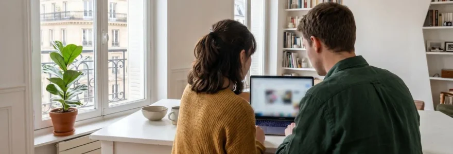 Un jeune couple vu de dos consulte ensemble un ordinateur portable dans un salon contemporain lumineux avec grandes fenêtres