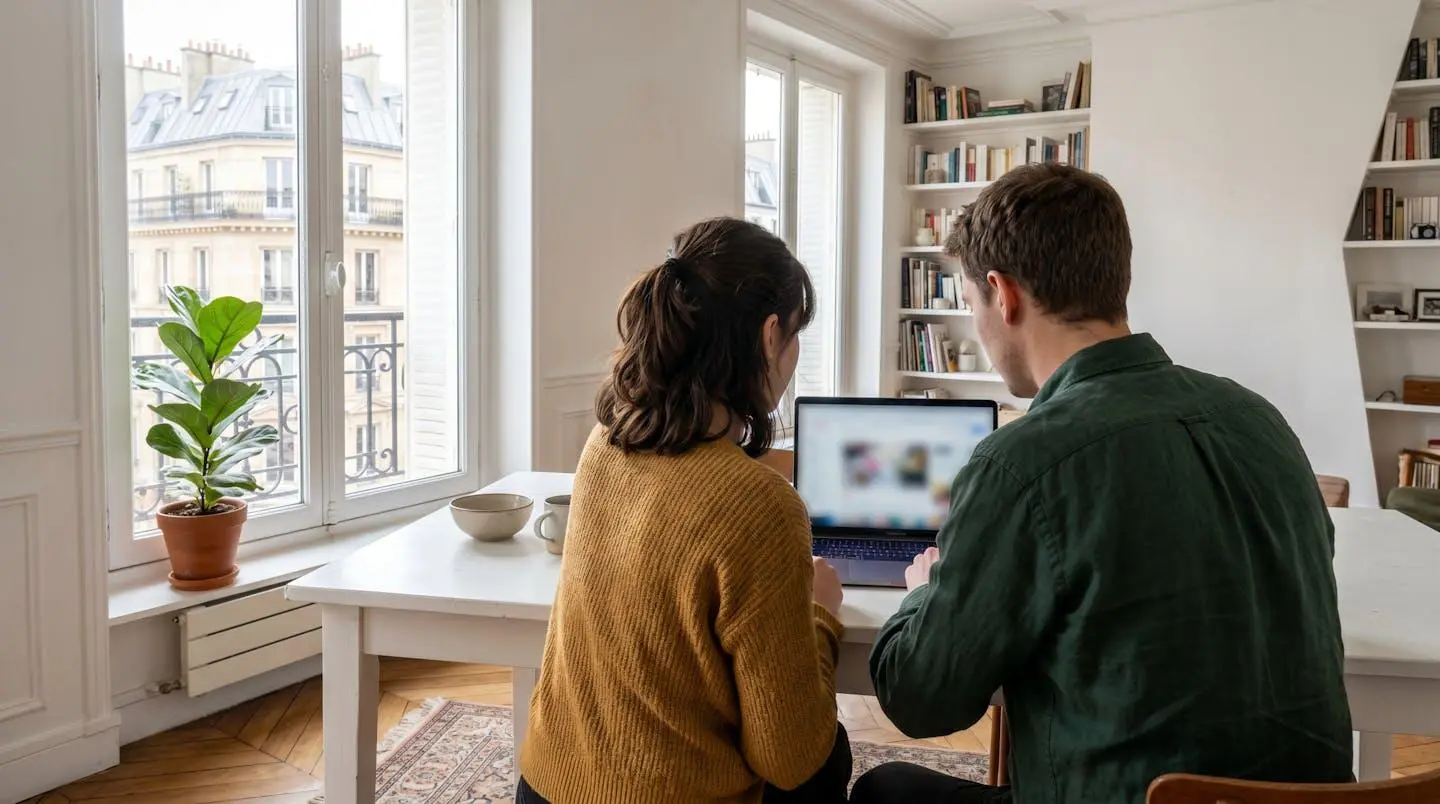 Un jeune couple vu de dos consulte ensemble un ordinateur portable dans un salon contemporain lumineux avec grandes fenêtres