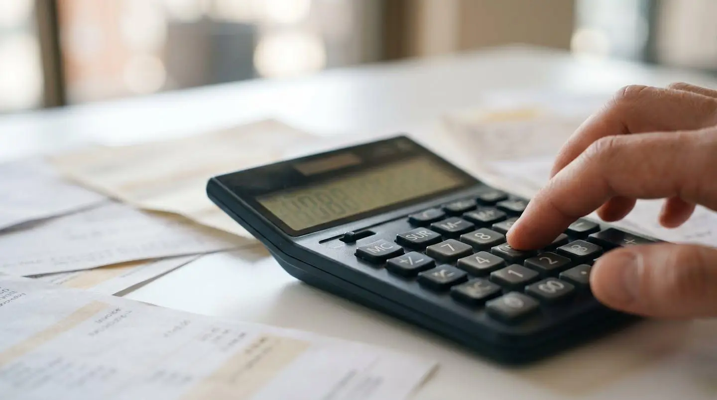 Vue rapprochée de mains posées sur une calculatrice moderne avec des documents financiers aux textes floutés sur un bureau épuré