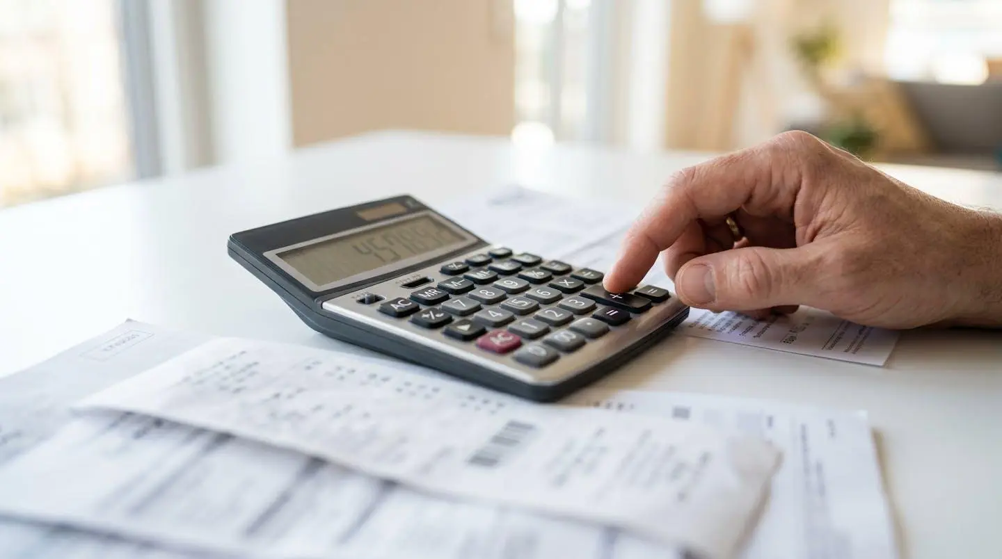 Vue rapprochée de mains posées sur une calculatrice moderne avec des documents financiers aux textes floutés sur un bureau épuré
