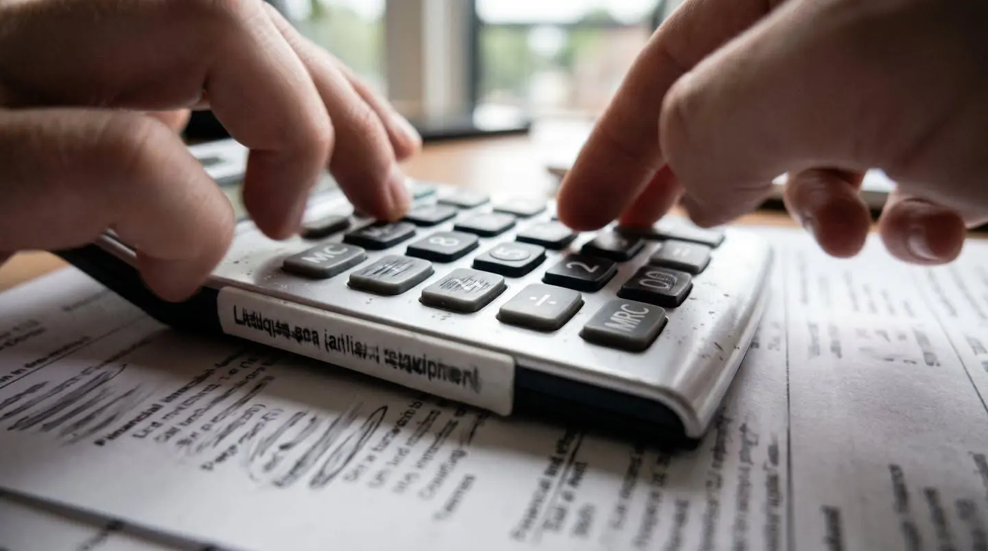 Vue rapprochée de mains posées sur une calculatrice moderne avec des documents financiers aux textes floutés sur un bureau épuré