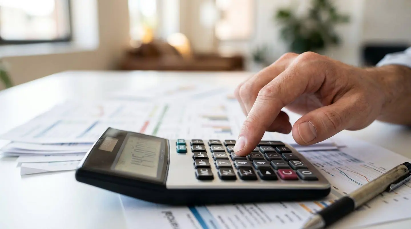 Vue rapprochée de mains posées sur une calculatrice moderne avec des documents financiers aux textes floutés sur un bureau épuré