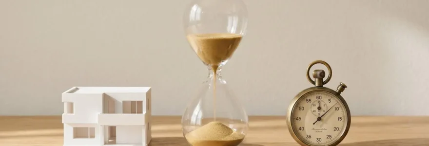 Sablier en verre transparent avec sable doré posé sur table en bois entre maquette de maison blanche et chronomètre vintage, symbolisant le timing décisionnel immobilier