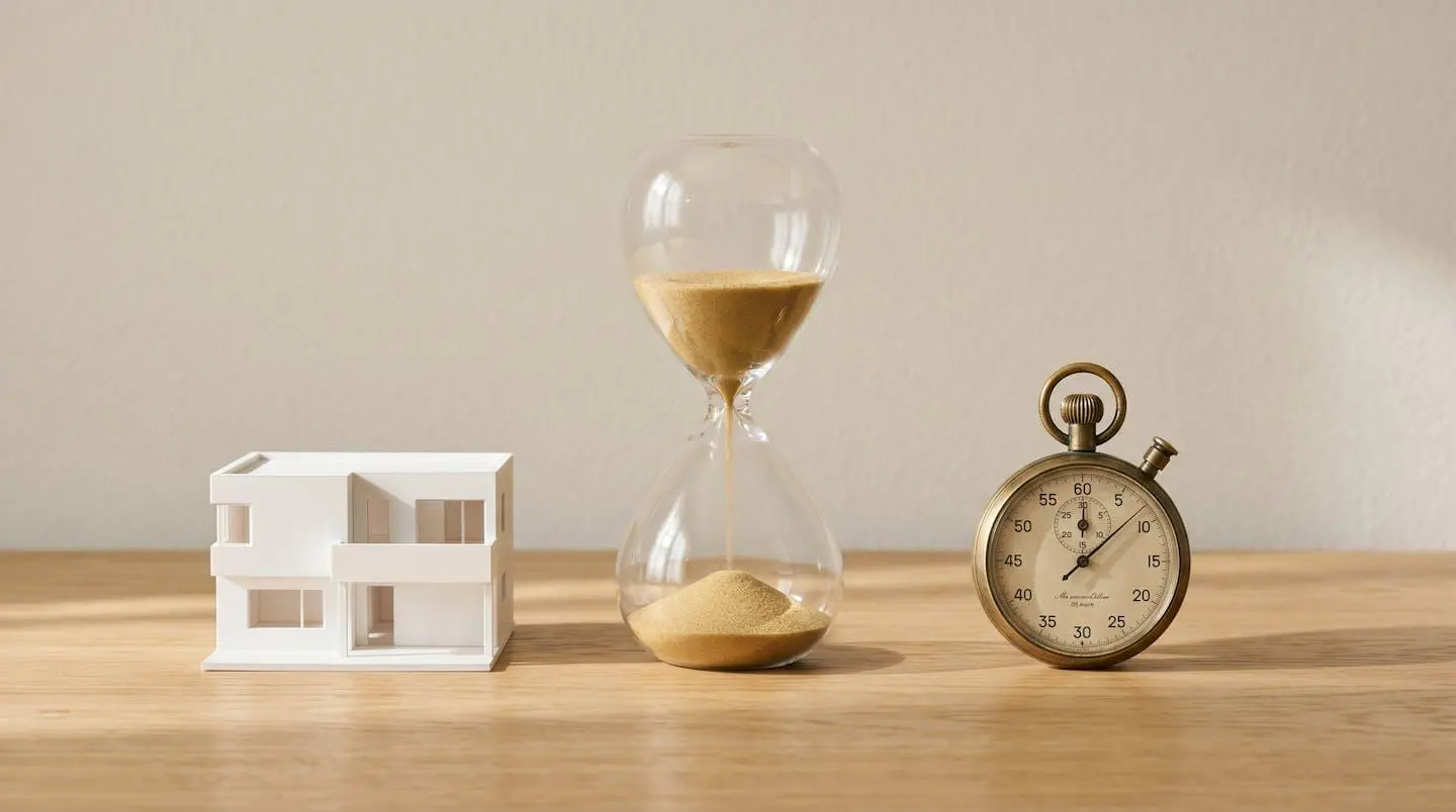 Sablier en verre transparent avec sable doré posé sur table en bois entre maquette de maison blanche et chronomètre vintage, symbolisant le timing décisionnel immobilier