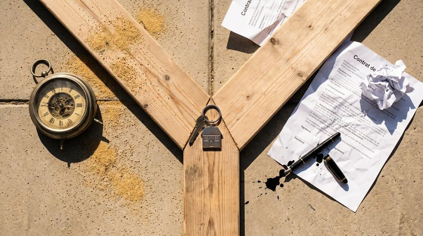 Vue aérienne d'une bifurcation au sol avec horloge renversée et sable d'un côté, documents froissés et stylo cassé de l'autre, clés de maison au centre