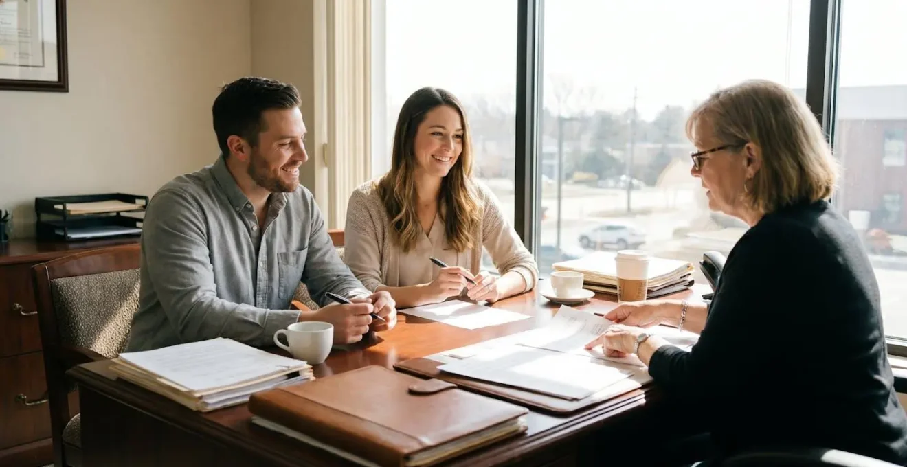 Un couple signe des documents devant un notaire dans un bureau lumineux, illustrant l'étape de la signature du compromis de vente
