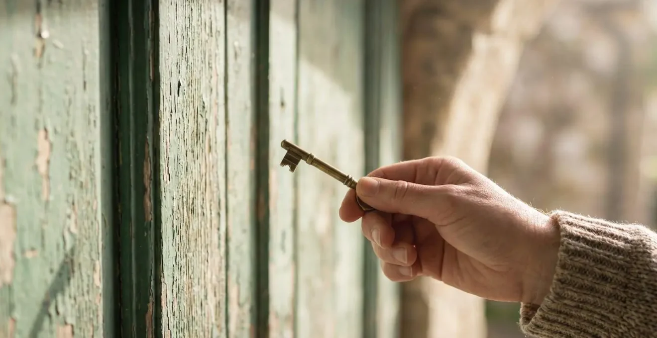 Une main tient une clé devant la serrure d'une porte d'entrée en bois, symbolisant l'accès à la propriété