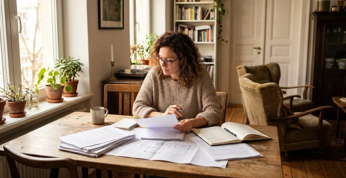 Une personne assise à une table consulte des documents liés à un projet d'achat immobilier, avec un cahier de notes et un ordinateur portable