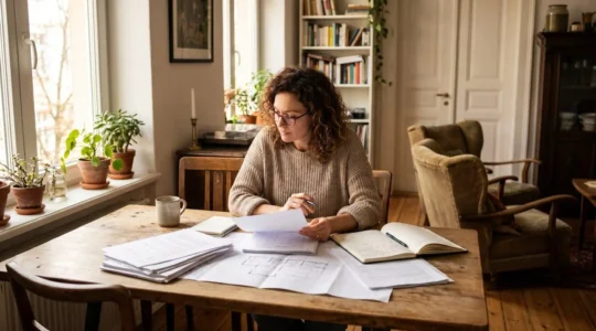 Une personne assise à une table consulte des documents liés à un projet d'achat immobilier, avec un cahier de notes et un ordinateur portable