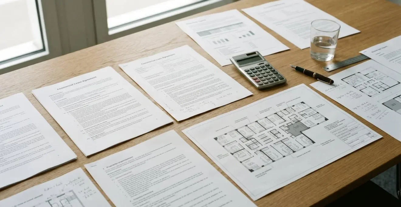 Documents financiers et plans d'agencement disposés sur un bureau pour l'analyse d'investissement commercial